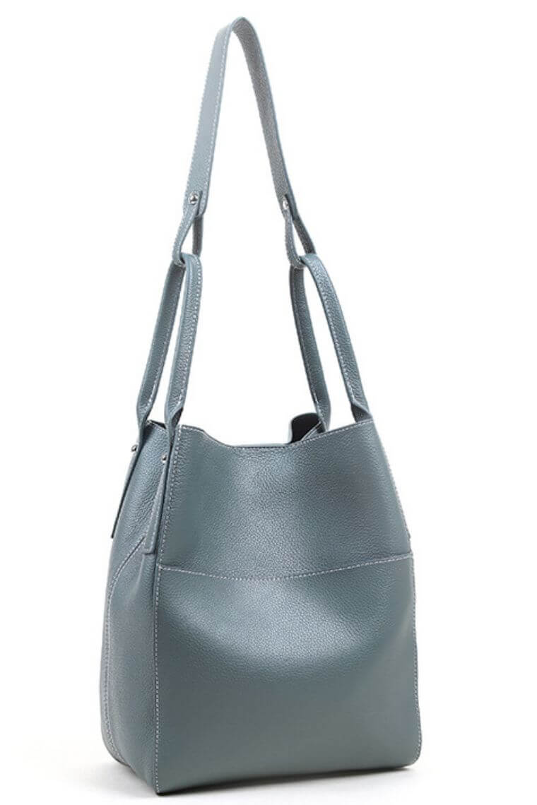 Women blue leather bucket bag | leather bucket bag with magnet closure | bucket purse with convertible straps | designer bucket bag with small purse | cute bucket bag in leather | blue bucket bag purse | shoulder bucket bag in leather | convertible bucket bag